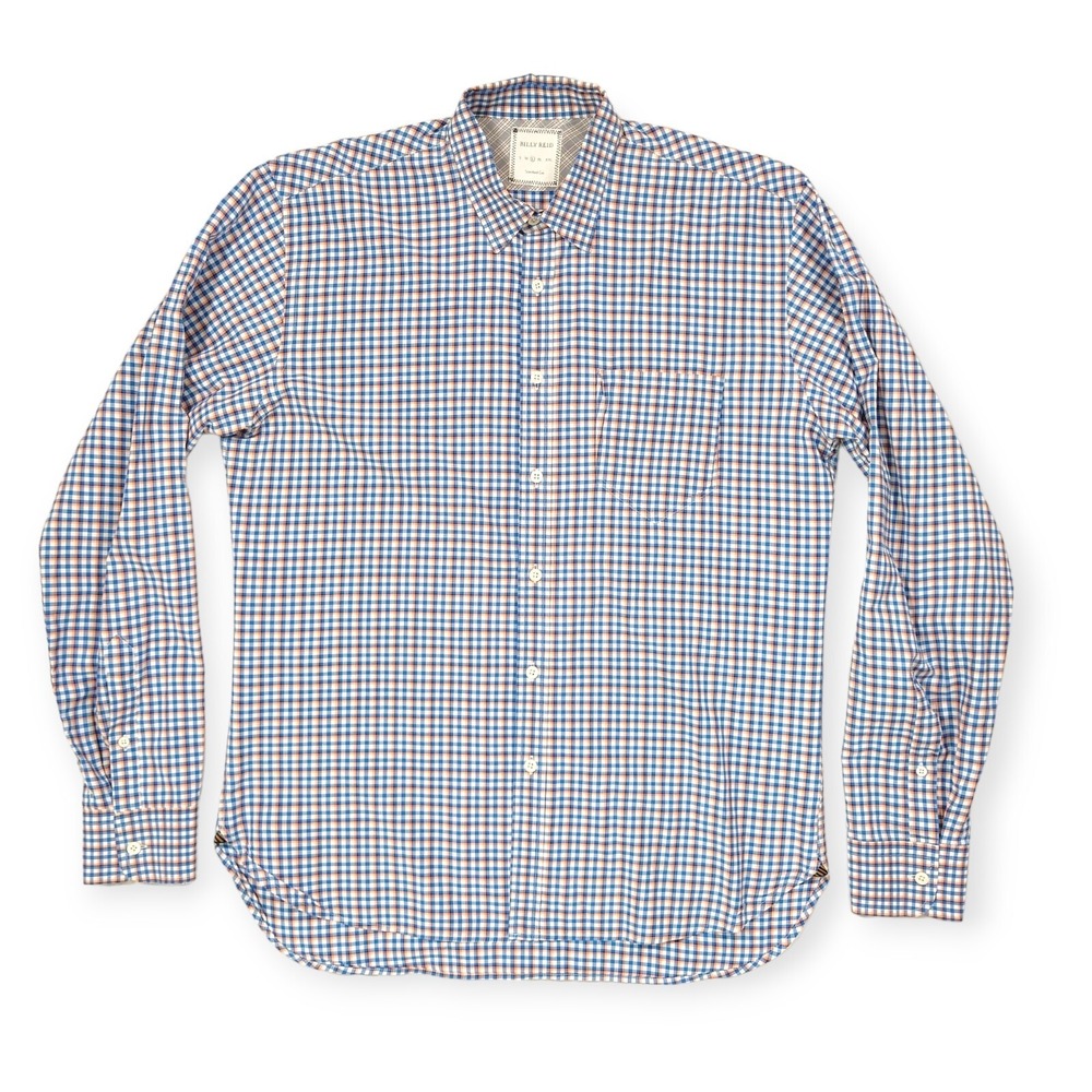 Billy Reid Shirt Men's L Blue White Check Standard Cut Button Up Light Poplin